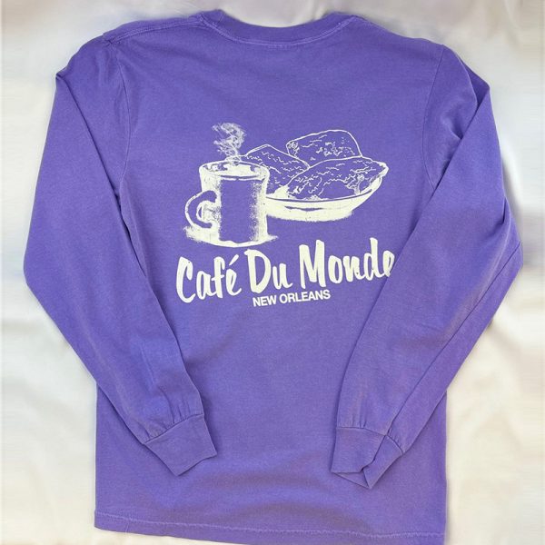 Back of Cafe du Monde Comfort Colors Violet Long Sleeve T Shirt