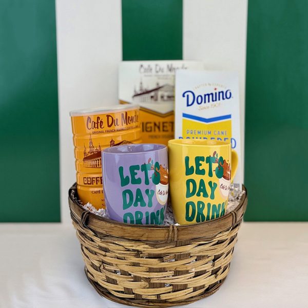 Cafe du Monde Bourbon Street Gift Basket with two Let's Day Drink Mugs