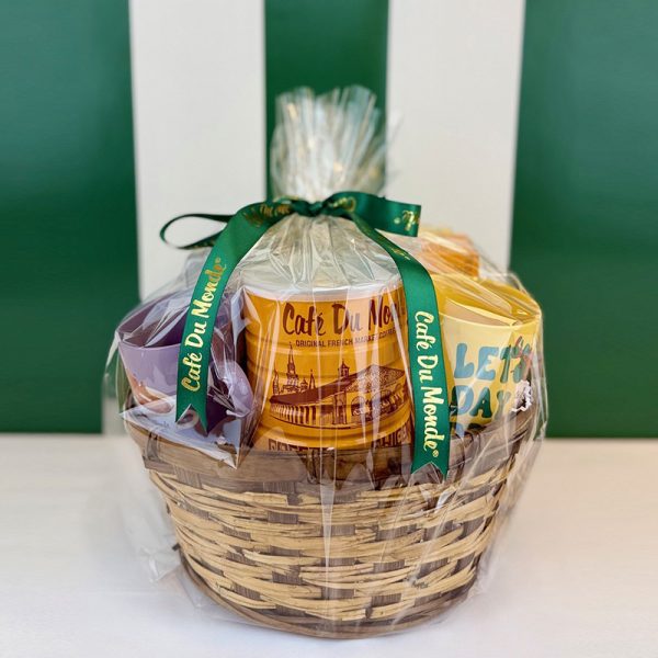 Cafe du Monde Bourbon Street Gift Basket with two Let's Day Drink Mugs Wrapped in Plastic