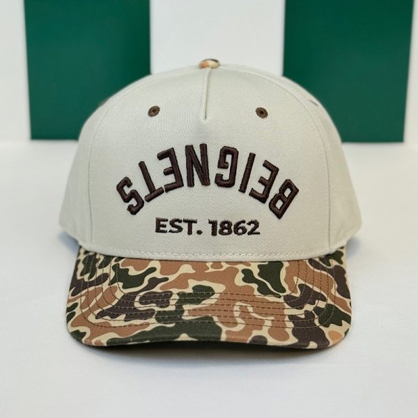 Front of Cafe du Monde Upside Down Beignets Cap in Camo