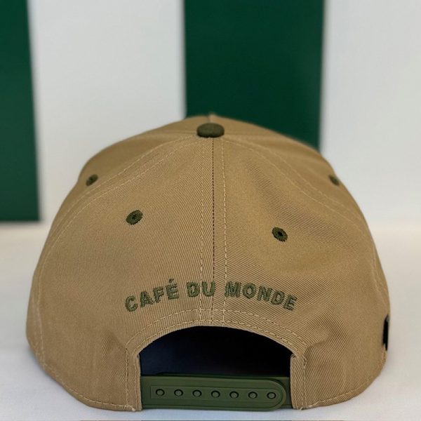 Back of Cafe du Monde Upside Down Beignets Cap in Dark Gold and Olive