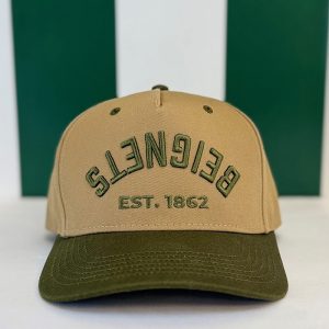 Front of Cafe du Monde Upside Down Beignets Cap in Dark Gold and Olive