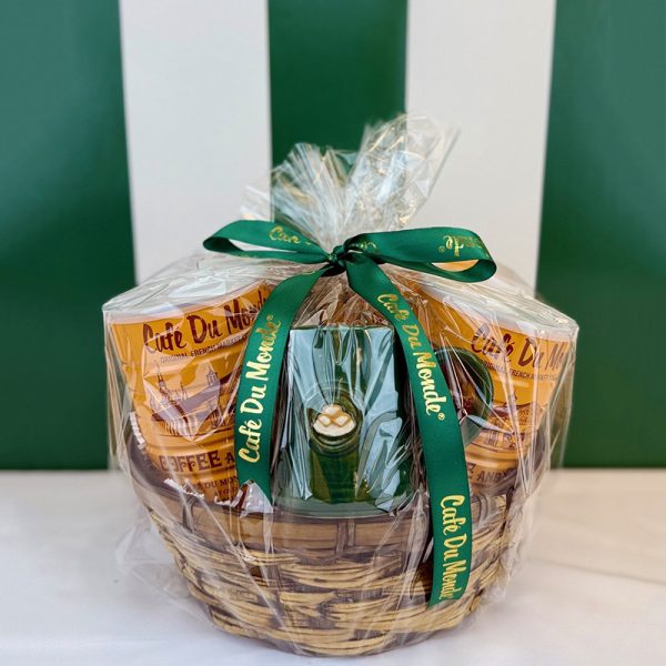 Cafe du Monde Old Metairie Gift Basket with Peacock Mug Wrapped in Plastic
