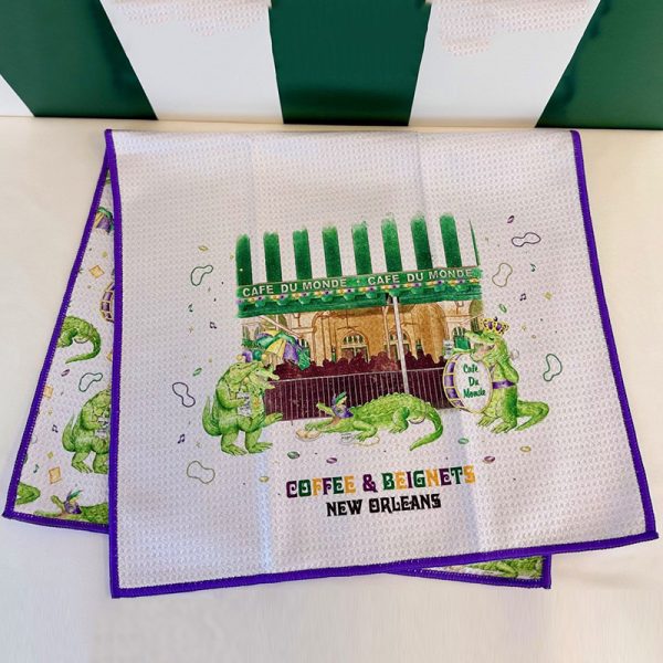 Cafe du Monde Gator Towel with Coffee & Beignets New Orleans on the front